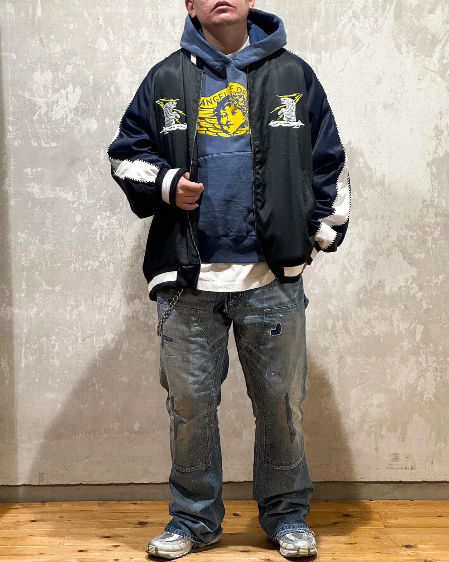SAINT M×××××× ANGEL HOODIE/NAVY Angel Reborn Blue Hoodie Washed Blue S-XL Assute Garment Dyeing Full Clothes Water Fading Mud Dyeing Dirty Distress New Vintage Ceiling God Tailoring Original Super Loose Fit Customized Original Accessories God-level Print Restoration